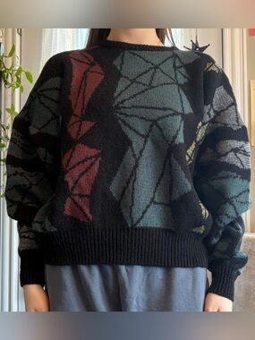 Black Adidas Geometric Pattern Knit Sweater with Teal & Red Accents